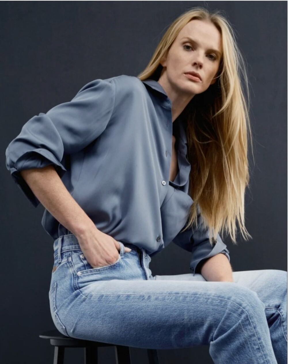 AYR The Deep End in Heavy Silk Tidepool Slate Blue Button Up Blouse XL